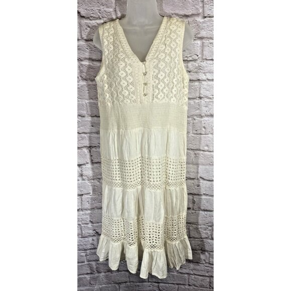 Signature Crinkle Tiered Dress XL Ivory Crochet Boho Mini Fairy Cottage Romantic - Picture 1 of 11